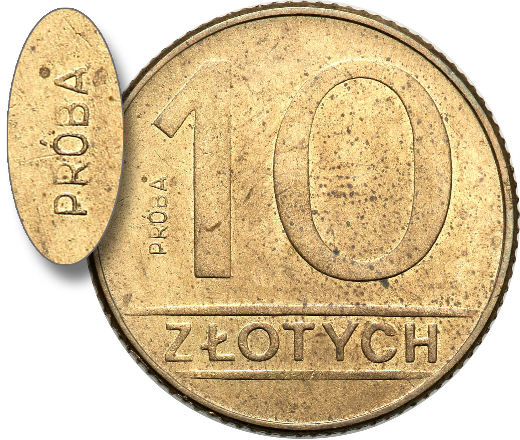 PRL. PRÓBA mosiądz 10 złotych 1989 nominał - nienotowany wariant - RZADKOŚĆ